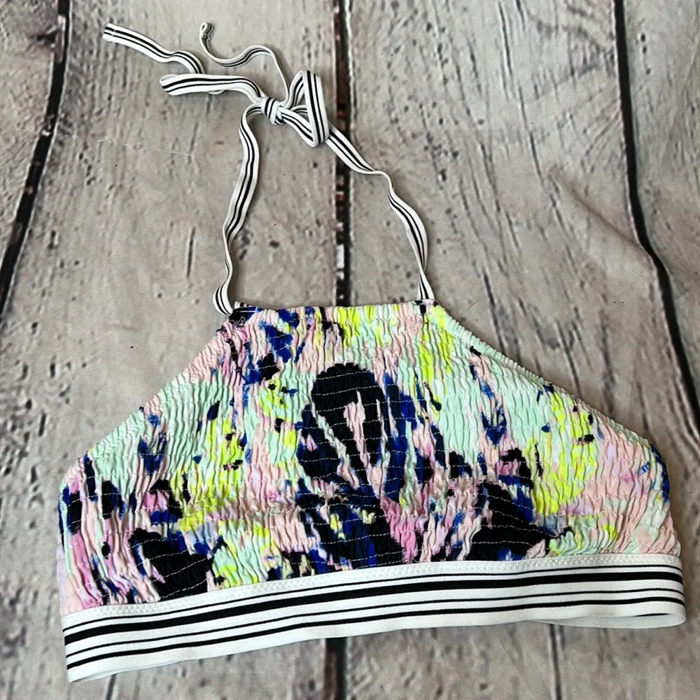 Victoria’s Secret Blue Green Pink Smocked Halter Style Swimsuit Top Size Small